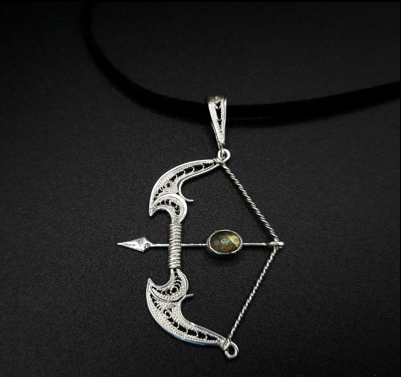Moonshadow Archer” Vintage Silver Filigree Bow & Arrow Pendant Necklace with Mystic Stone Accent