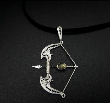 Moonshadow Archer” Vintage Silver Filigree Bow & Arrow Pendant Necklace with Mystic Stone Accent