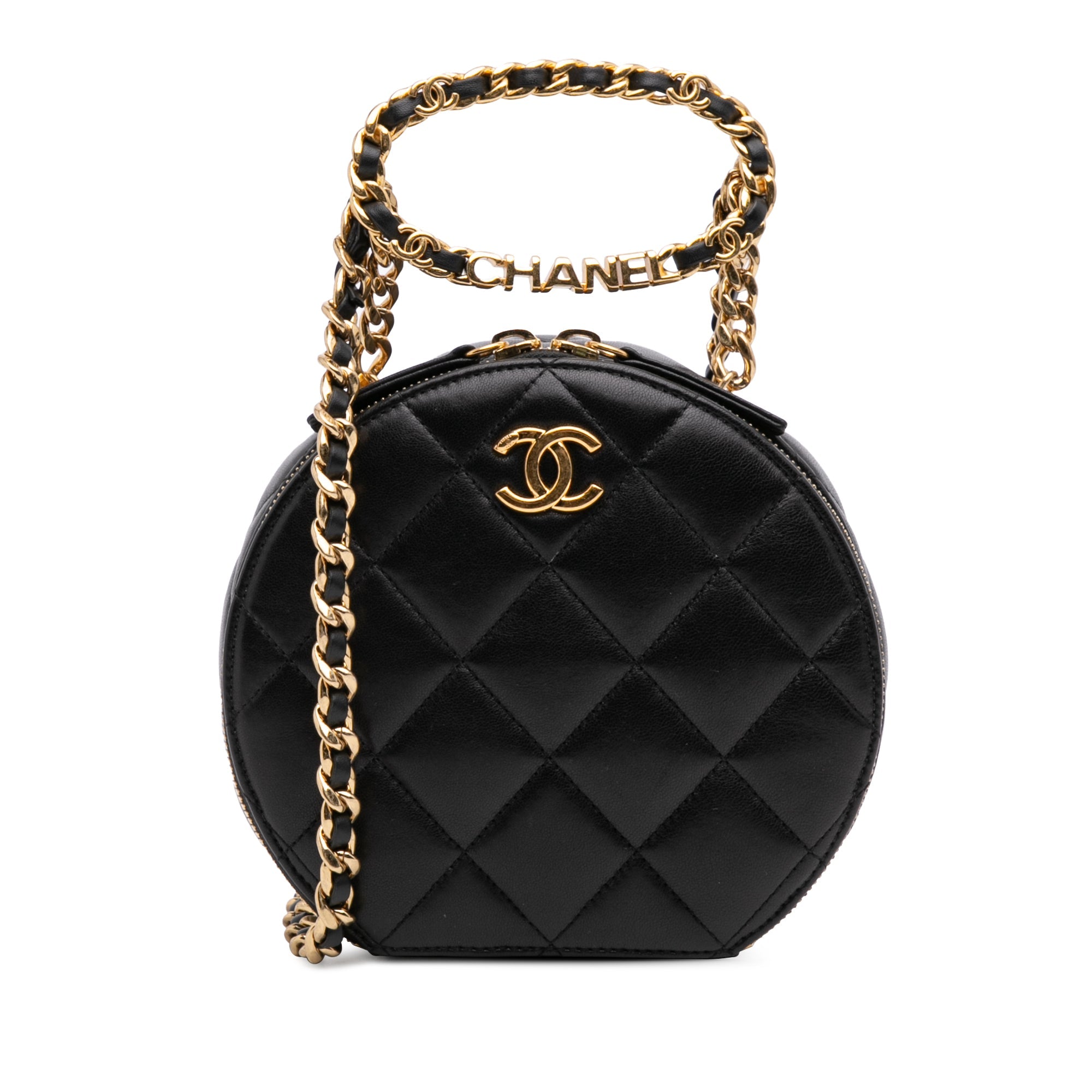 Chanel Matelassé Cuir d’agneau Oval Logo Chain anse supérieure Rond Pochette avec chaîne