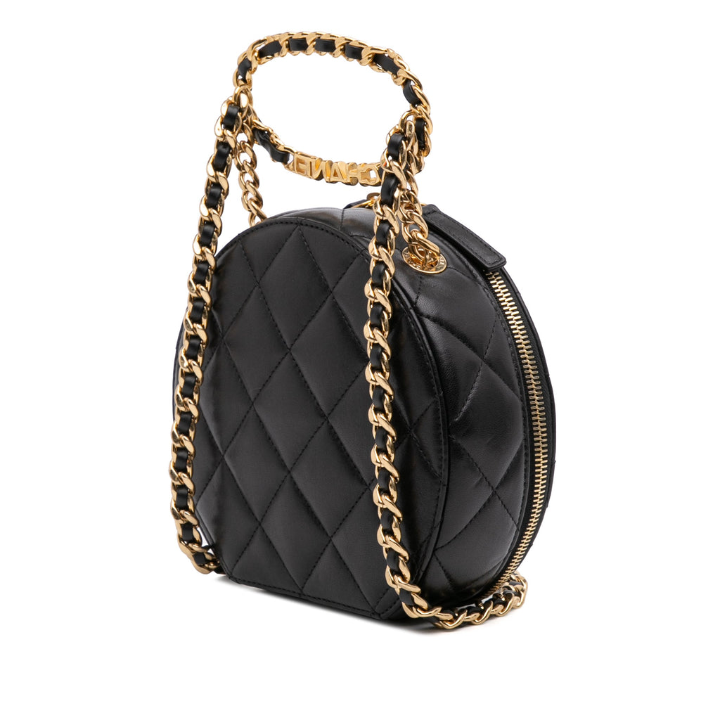 Chanel Matelassé Cuir d’agneau Oval Logo Chain anse supérieure Rond Pochette avec chaîne