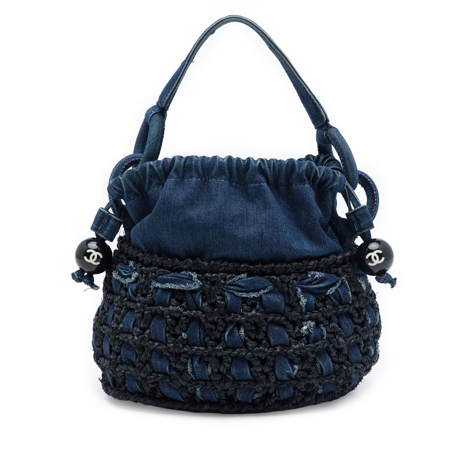 Chanel CC Woven Jean et Raffia Drawstring Bucket Sac