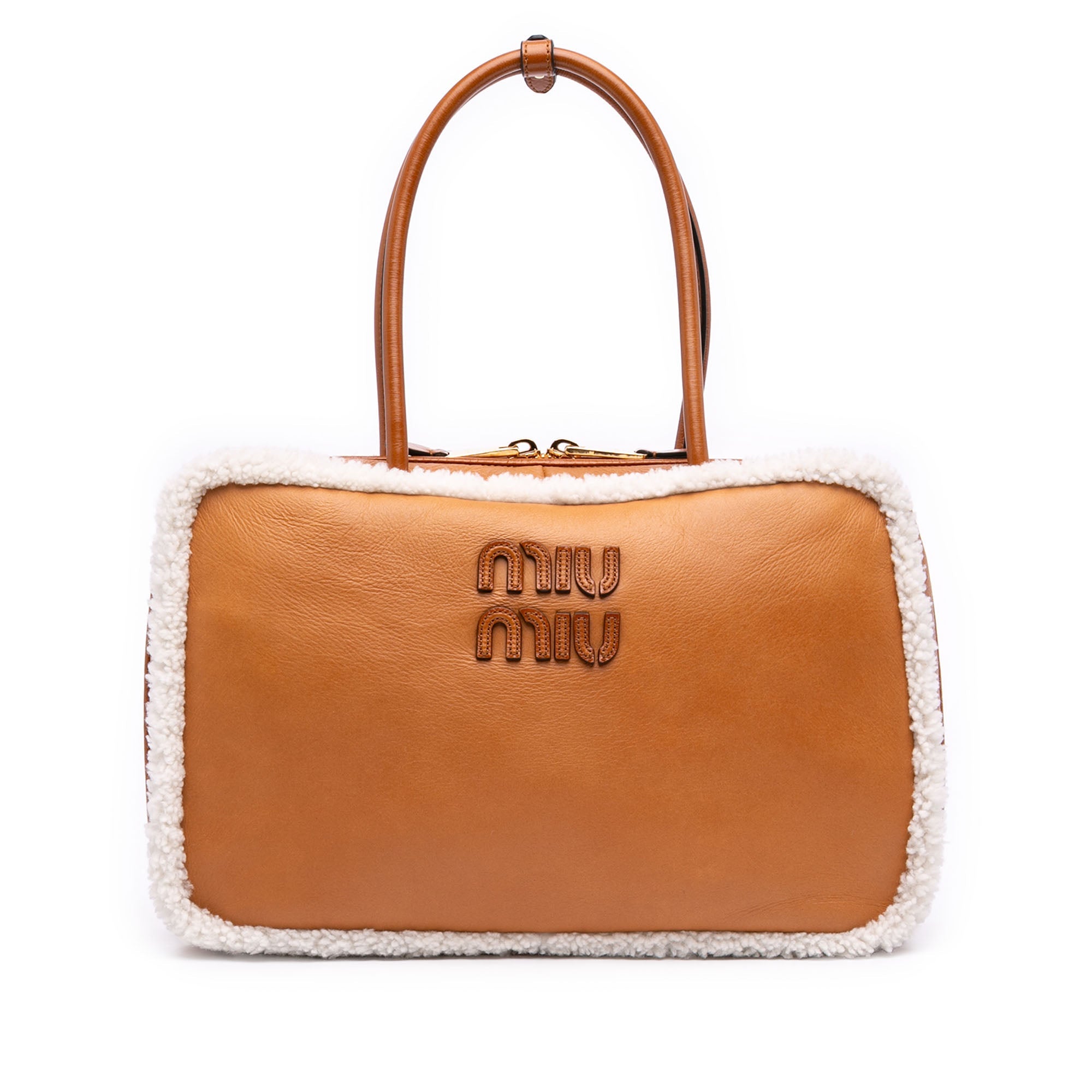 Miu Miu Large Shearling à finitions Cuir de veau Logo Beau Sac bandoulière