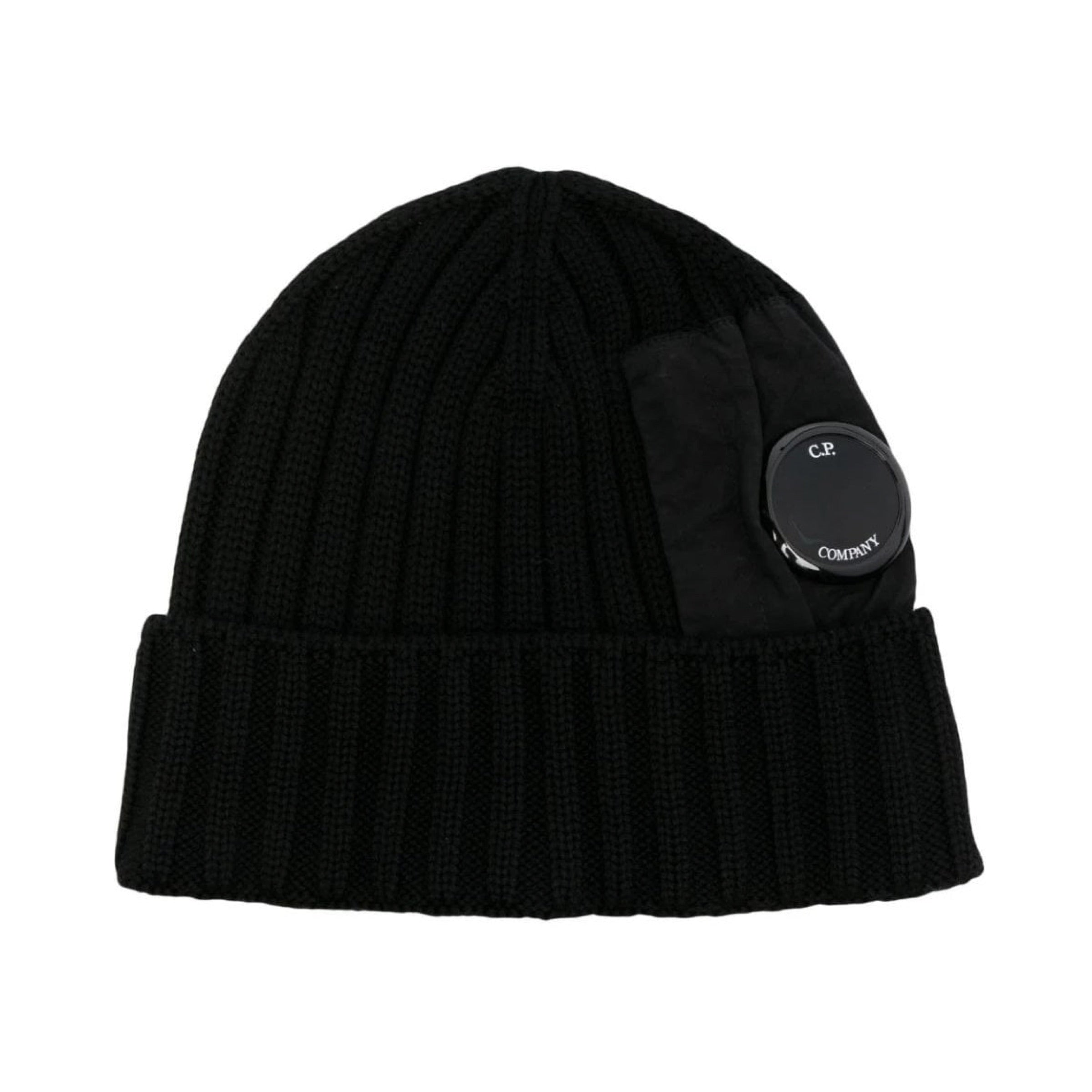 Cp Company Extrafine Merino Wool Mixed Lens Beanie In Black