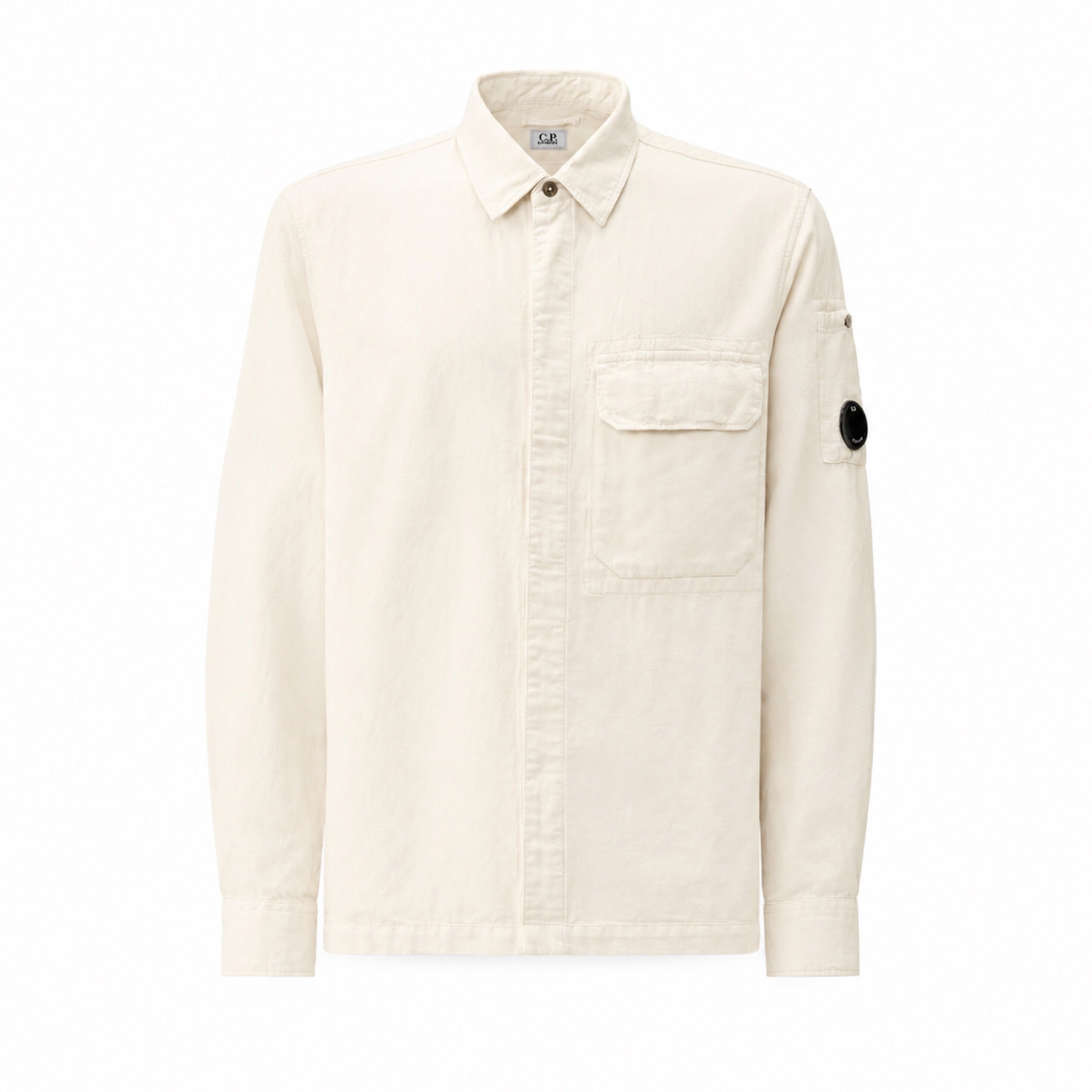 Cp Company Broken Linen / Cotton Lens Overshirt In White with Certilogo