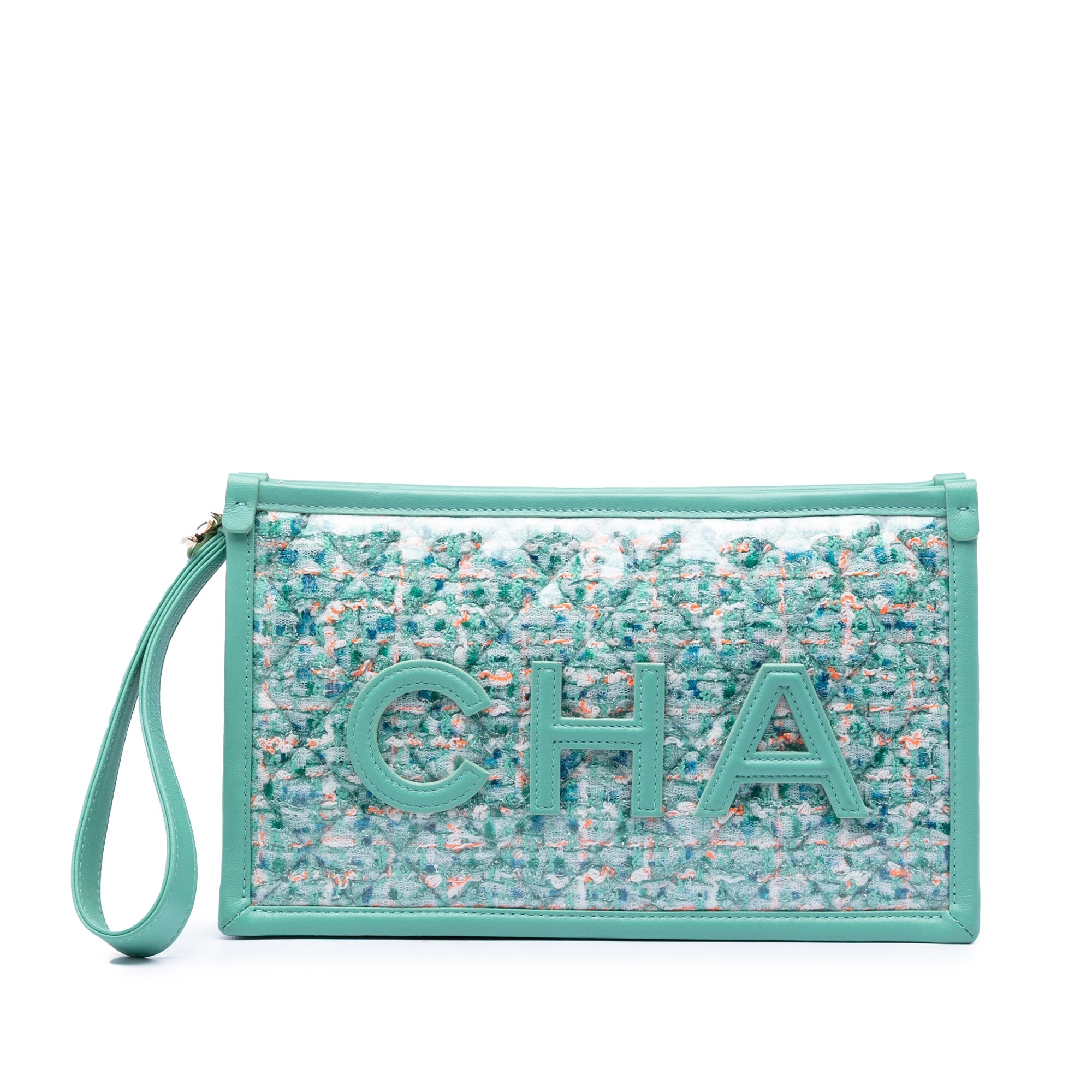 Chanel Matelassé Tweed PVC Logo Wristlet Pochette
