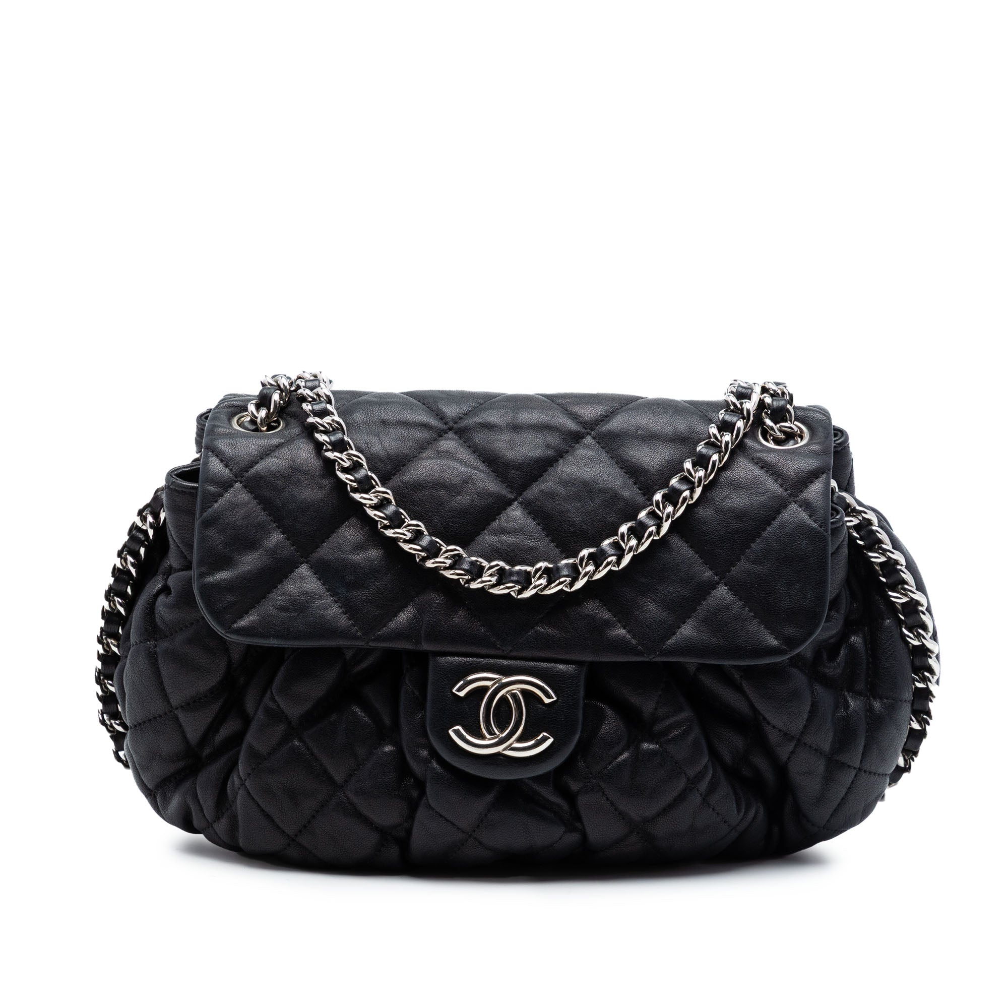Chanel CC Matelassé Cuir d’agneau Sac rond à chaîne à rabat