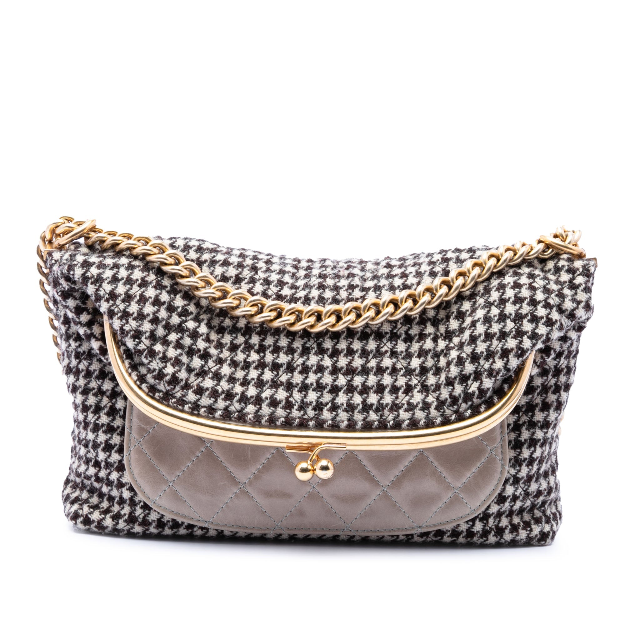 Chanel Medium Matelassé Houndstooth Tweed et Cuir de veau Tabatiere Kisslock Fold Over Sac porté croisé