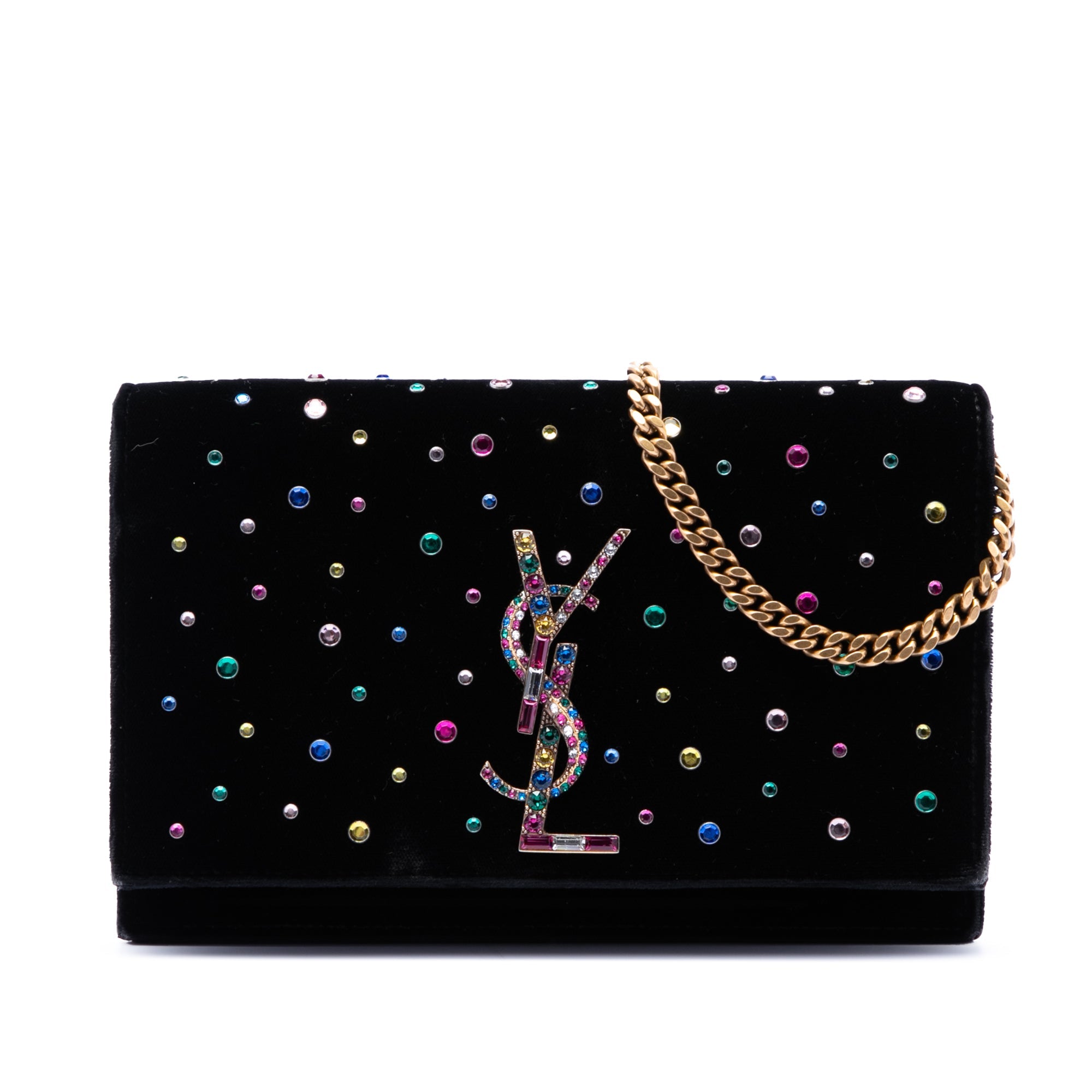 Saint Laurent Cristal Embellished Velours Monogram Kate Wallet on Chain