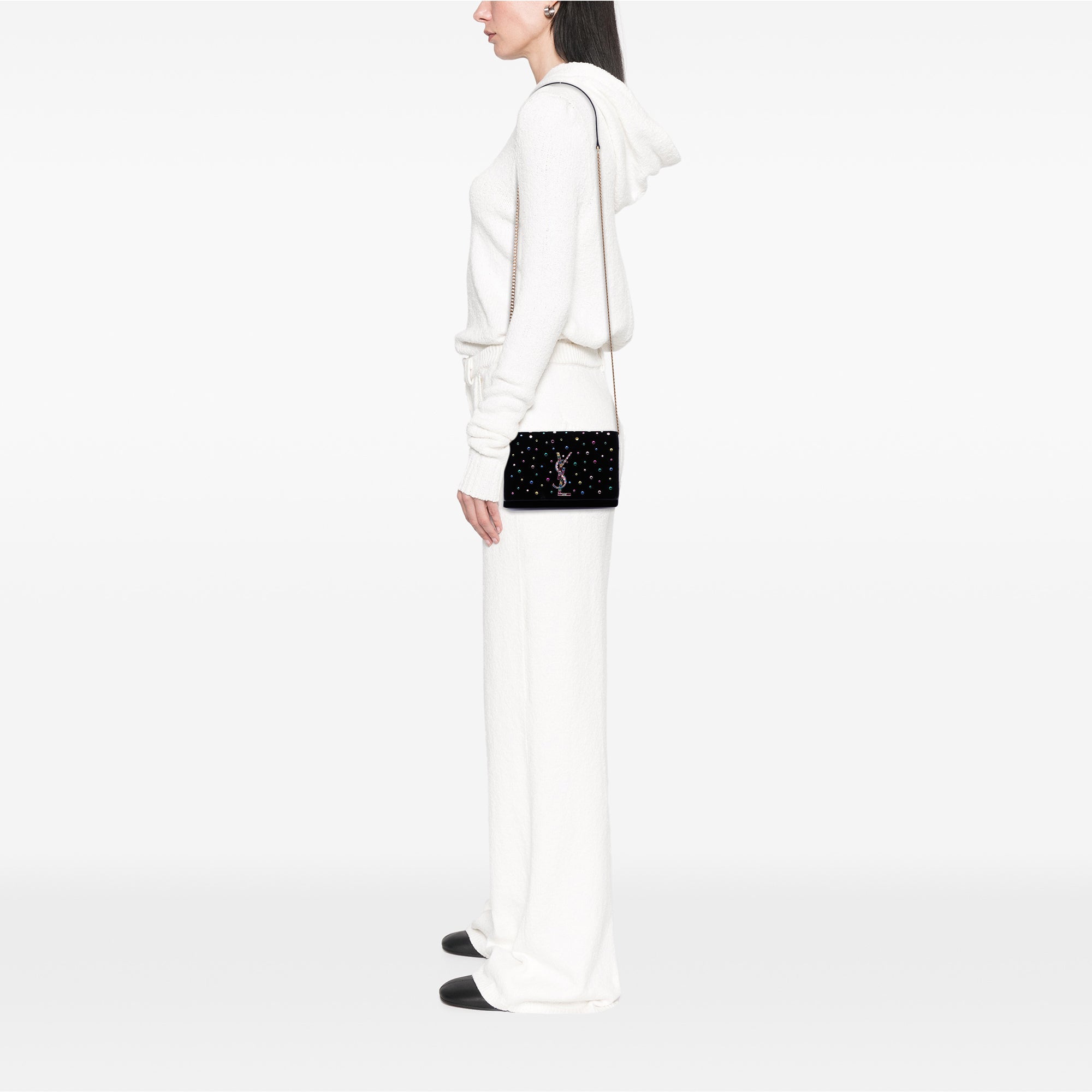 Saint Laurent Cristal Embellished Velours Monogram Kate Wallet on Chain