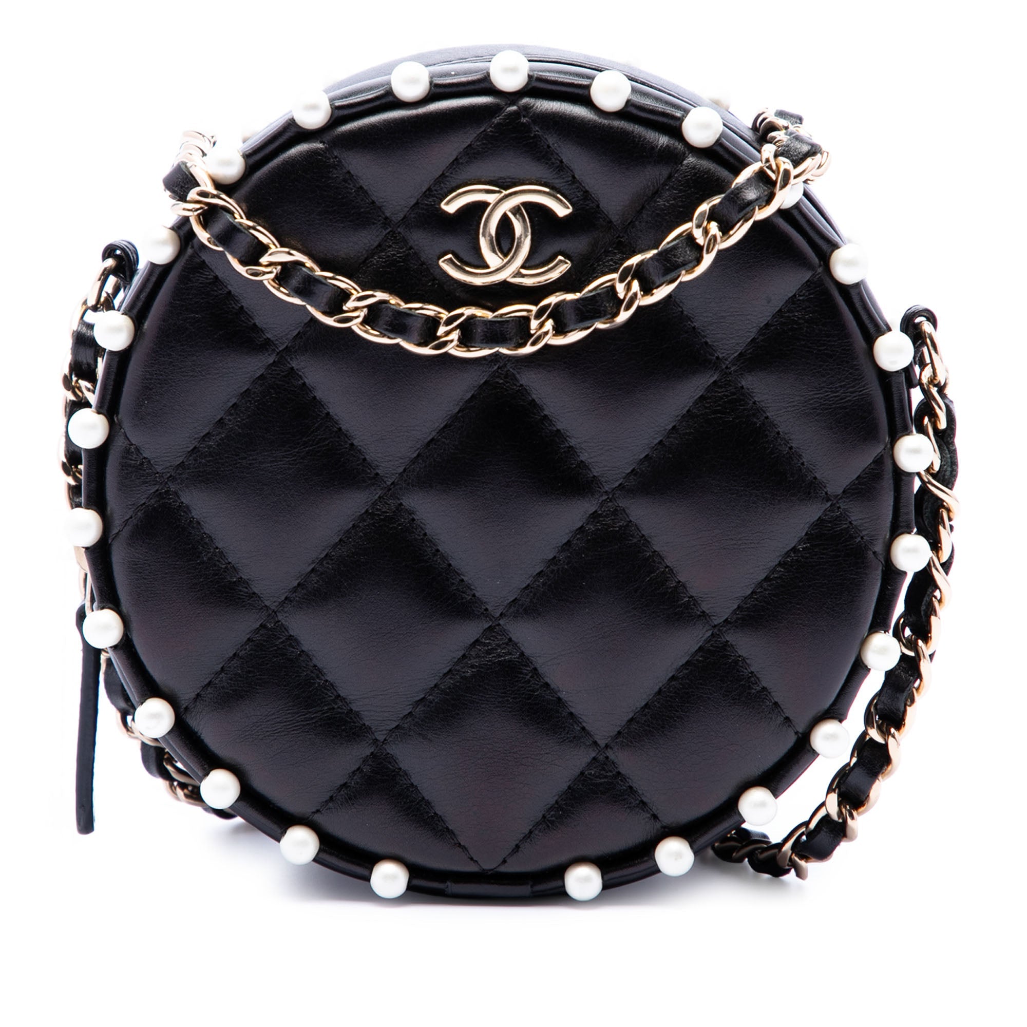 Chanel Matelassé Cuir de veau Perle clouté Rond Pochette avec chaîne