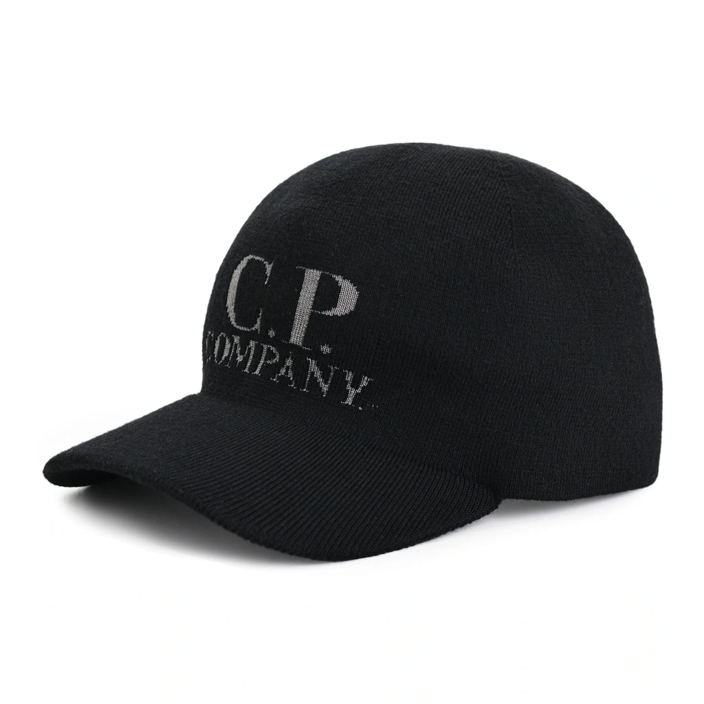 Cp Company Intarsia Wool Logo Cap In Black